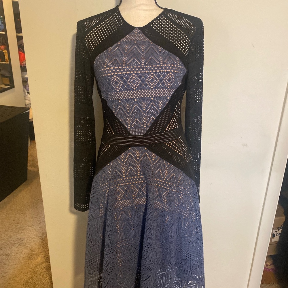 BGBG MaxAzria Lace Illusion Cutout Fit Flare Dress Black Blue-Size M (Worn Once)